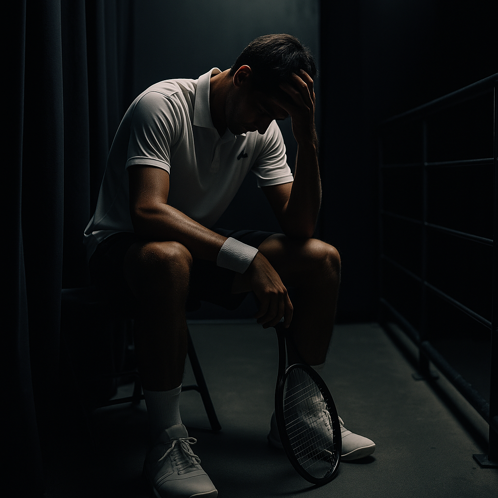 "لاعب تنس مجهول يجلس وحيدًا في كواليس الملعب، واضعًا يده على رأسه، في لحظة تأمل وضغط داخلي بعيدًا عن الأضواء."