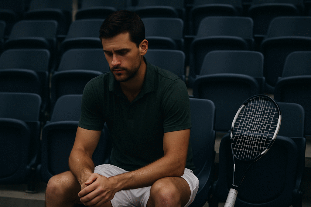 لاعب تنس محترف جالس وحيدًا في مدرج فارغ يتأمل أرضية الملعب قبل المباراة.